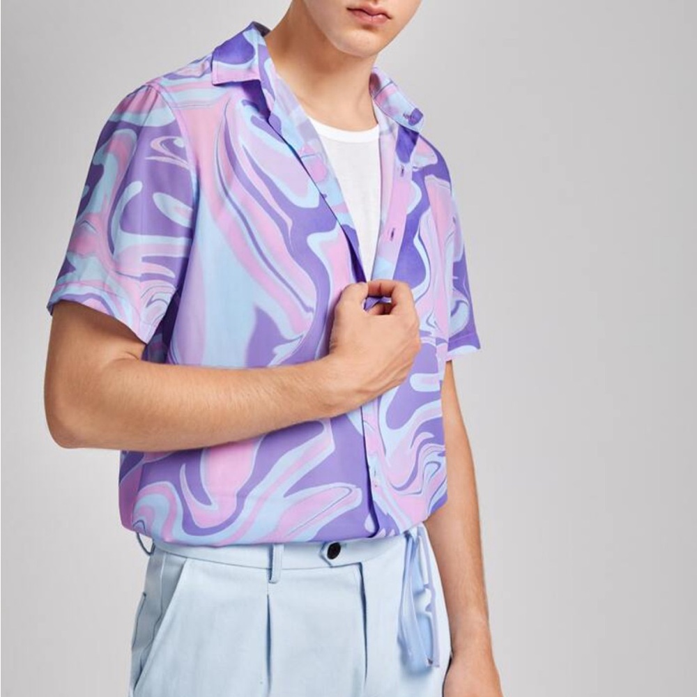 Men’s Shirt Shein Medium Marble Print Mod Retro NWT Purple Pink Blue Button Down